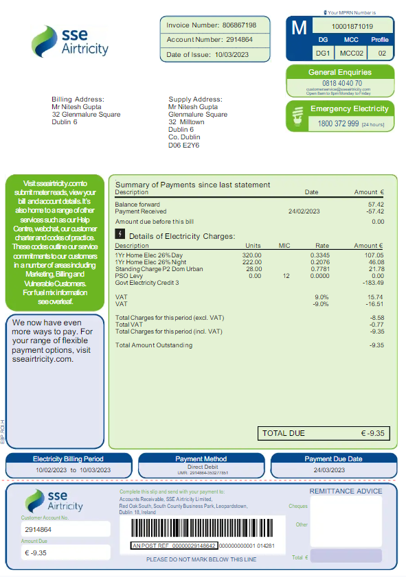 AUSTRALIA SSE AIRTRICITY utility bill Word and PDF template